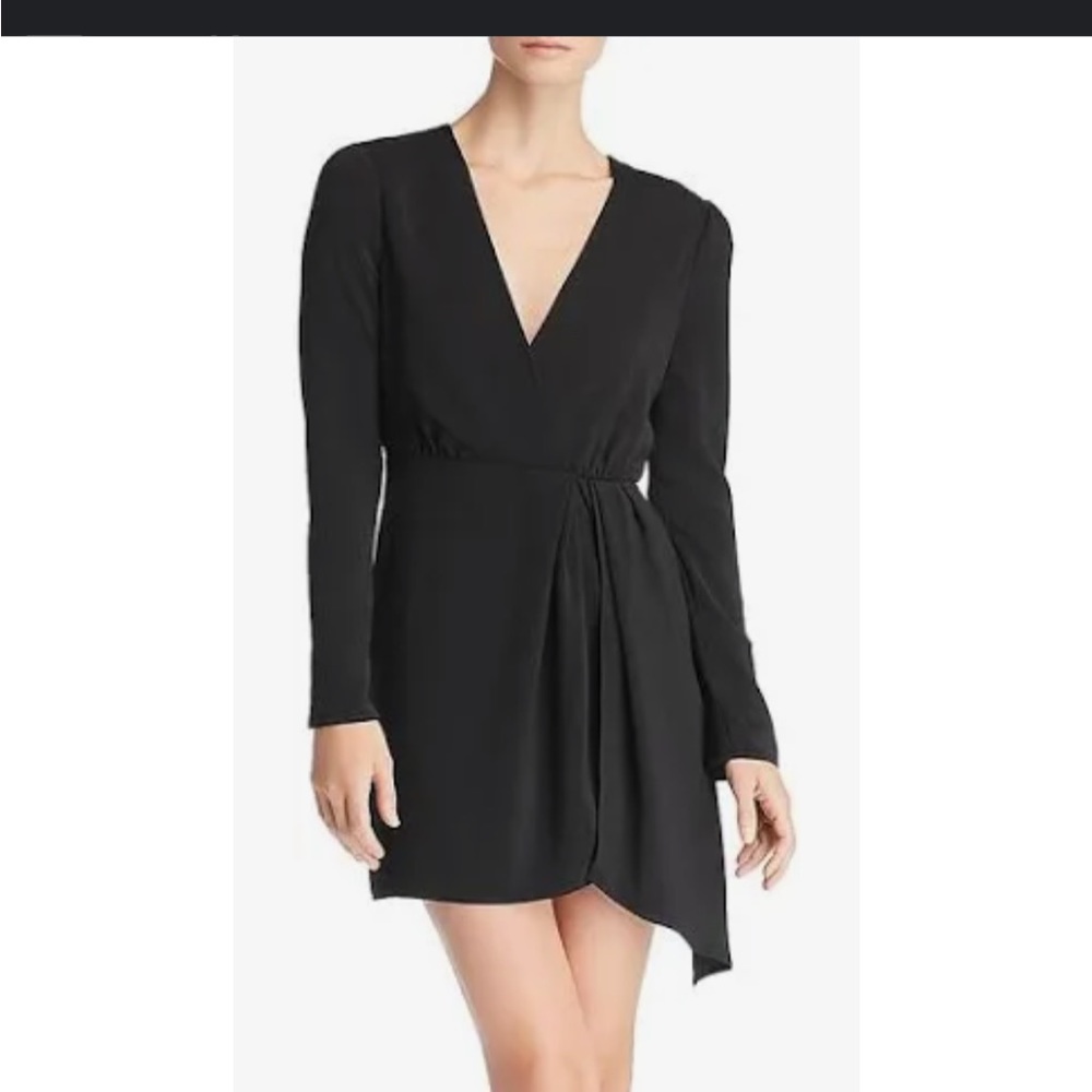 Wayf Women's Black V-Neck Ruched Pleated Front Faux Wrap Dress - Small/Black